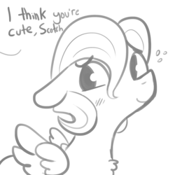 Size: 1280x1280 | Tagged: safe, artist:tjpones, fluttershy, pegasus, pony, g4, adorascotch, blushing, butterscotch, cute, dialogue, grayscale, male, monochrome, offscreen character, rule 63, rule63betes, shyabetes, simple background, smiling, solo, white background