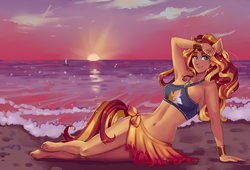 Size: 3000x2044 | Tagged: safe, artist:xjenn9, sunset shimmer, human, equestria girls, equestria girls series, forgotten friendship, g4, armpits, barefoot, beach, belly button, bracelet, clothes, eared humanization, feet, female, halter top, halterneck, high res, humanized, jewelry, lens flare, midriff, ponied up, pony ears, sarong, sitting, solo, sun, sunset, sunshine shimmer, swimsuit, tail, tailed humanization, tube top