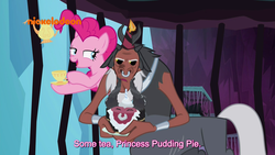 Size: 1920x1080 | Tagged: safe, screencap, lord tirek, pinkie pie, centaur, earth pony, pony, g4, school raze, bugs bunny, cage, cake, cup, duo, female, food, hat, male, mare, nickelodeon, nose piercing, nose ring, party hat, piercing, pinkie being pinkie, prehensile mane, princess pudding pie, septum piercing, subtitles, tea kettle, teacup