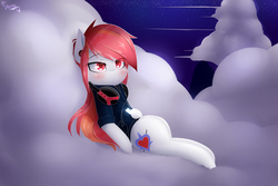 Size: 1800x1200 | Tagged: safe, artist:shan3ng, oc, oc only, oc:fire lynk, pegasus, pony, clothes, cloud, female, headphones, hoodie, mare, night, solo