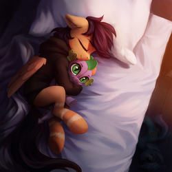 Size: 2000x2000 | Tagged: safe, artist:inowiseei, lyra heartstrings, spike, oc, oc:ramiras, pegasus, pony, semi-anthro, g4, bed, clothes, cuddling, cute, eyes closed, high res, hood, male, pillow, plushie, sleeping, snuggling, stallion