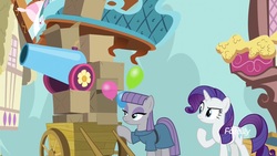 Size: 1920x1080 | Tagged: safe, screencap, maud pie, rarity, earth pony, pony, g4, yakity-sax, balloon, box, cart, couch, party cannon