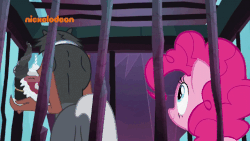 Size: 718x404 | Tagged: safe, screencap, lord tirek, pinkie pie, centaur, pony, g4, school raze, animated, cage, cake, cup, duo, female, food, gif, hat, male, mare, nickelodeon, nose piercing, nose ring, party hat, piercing, septum piercing, subtitles, tea kettle, teacup
