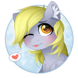 Size: 1500x1500 | Tagged: dead source, safe, artist:rizzych, artist:vird-gi, derpy hooves, pony, g4, :p, collaboration, ear fluff, female, heart, looking at you, one eye closed, silly, simple background, solo, tongue out, transparent background, wink
