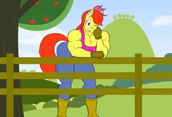 Size: 2610x1772 | Tagged: safe, artist:matchstickman, apple bloom, earth pony, anthro, plantigrade anthro, matchstickman's apple brawn series, g4, apple brawn, apple tree, biceps, boots, breasts, busty apple bloom, clothes, deltoids, female, fence, gloves, jeans, leaning forward, looking at you, muscles, older, older apple bloom, one eye closed, pants, shoes, solo, sports bra, sweet apple acres, thunder thighs, tree, wink