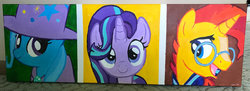 Size: 1024x374 | Tagged: safe, artist:kittychanann, starlight glimmer, sunburst, trixie, pony, unicorn, g4, traditional art