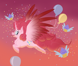 Size: 1280x1086 | Tagged: safe, artist:dippin-dott, idw, pinkie pie, alicorn, pony, g4, spoiler:comic57, alicornified, alternate cutie mark, balloon, colored wings, colored wingtips, cupcake, female, food, pinkiecorn, princess of chaos, race swap, red background, simple background, solo, xk-class end-of-the-world scenario