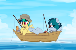 Size: 1794x1168 | Tagged: safe, artist:shinodage, oc, oc only, oc:apogee, oc:delta vee, pegasus, pony, boat, boop o' roops, bucket, can, clothes, cloud, cute, diageetes, duo, female, filly, fishing, fishing rod, floppy ears, freckles, glasses, hat, mare, mother and daughter, ocbetes, shirt, sky, smiling, tinyface, water