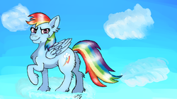 Size: 1920x1080 | Tagged: safe, artist:usattesa, rainbow dash, pegasus, pony, g4, cloud, digital art, female, raised hoof, sky, solo