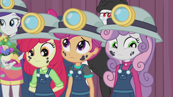 Size: 1280x720 | Tagged: safe, screencap, apple bloom, bulk biceps, rarity, scootaloo, sweetie belle, equestria girls, g4, happily ever after party, my little pony equestria girls: better together, adorabloom, bouquet, clothes, coal, costume, cute, cutealoo, cutie mark crusaders, diasweetes, female, helmet, miner, mining helmet, overalls, sad, sisters