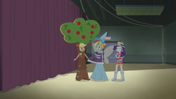 Size: 1280x720 | Tagged: safe, screencap, applejack, rainbow dash, rarity, equestria girls, g4, happily ever after party, my little pony equestria girls: better together, clothes, costume, dress, fairy bootmother, female, selfie soot, tree costume