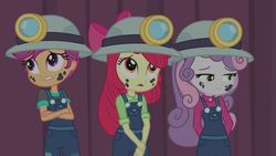 Size: 1280x720 | Tagged: safe, screencap, apple bloom, scootaloo, sweetie belle, equestria girls, equestria girls series, g4, happily ever after party, crossed arms, cutie mark crusaders, female, helmet, miner, mining helmet, sad, trio, trio female