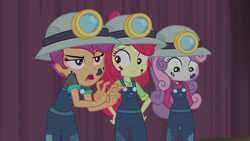 Size: 1280x720 | Tagged: safe, screencap, apple bloom, scootaloo, sweetie belle, equestria girls, equestria girls series, g4, happily ever after party, air quotes, cutie mark crusaders, female, helmet, miner, mining helmet, overalls, trio, trio female