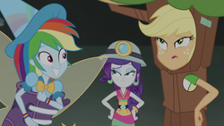 Size: 1280x720 | Tagged: safe, screencap, applejack, rainbow dash, rarity, equestria girls, g4, happily ever after party, my little pony equestria girls: better together, clothes, costume, fairy bootmother, female, helmet, mining helmet, selfie soot, tree costume, trio, trio female