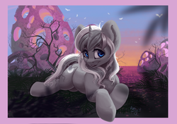 Size: 2383x1678 | Tagged: safe, artist:amishy, oc, oc only, oc:frozen raine, pony, unicorn, commission, female, looking at you, mare, prone, scenery, smiling, solo, ych result