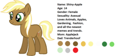 Size: 1155x538 | Tagged: safe, oc, oc only, oc:shiny-apple, pony, 14, female, offspring, parent:applejack, parent:trenderhoof, parents:trenderjack, solo