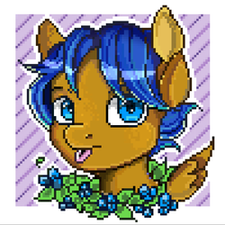 Size: 1493x1493 | Tagged: safe, artist:liseyly, oc, oc only, oc:crushingvictory, pegasus, pony, :p, bust, flower, leaves, pixel art, silly, simple background, solo, tongue out, wreath, ych result