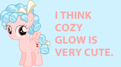 Size: 1844x1024 | Tagged: safe, cozy glow, pegasus, pony, g4, marks for effort, bow, cozybetes, cute, female, filly, freckles, pure concentrated unfiltered evil of the utmost potency, pure unfiltered evil, simple background, smiling, solo, text