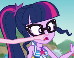 Size: 816x640 | Tagged: safe, screencap, pinkie pie, sci-twi, twilight sparkle, equestria girls, friendship math, g4, my little pony equestria girls: better together, boop, clothes, geode of telekinesis, glasses, ponytail, sunscreen, swimsuit