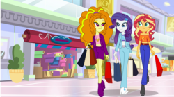 Size: 1600x895 | Tagged: safe, artist:limedazzle, part of a set, adagio dazzle, rarity, sunset shimmer, equestria girls, belly shirt, boots, canterlot mall, clothes, female, looking at each other, mall, midriff, pants, shoes, shopping, shopping bag, shopping mall, show accurate