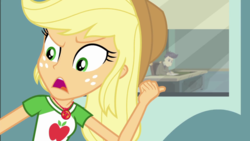 Size: 1280x720 | Tagged: safe, screencap, applejack, cranky doodle donkey, equestria girls, g4, happily ever after party, happily ever after party: applejack, my little pony equestria girls: better together, geode of super strength, pointing