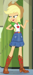 Size: 276x614 | Tagged: safe, screencap, applejack, equestria girls, g4, happily ever after party, happily ever after party: applejack, my little pony equestria girls: better together, applejack's hat, bedroom eyes, belt, blonde hair, boots, clothes, cowboy boots, cowboy hat, cropped, cutie mark on clothes, denim, denim skirt, female, freckles, geode of super strength, green eyes, hat, jewelry, low ponytail, magical geodes, necklace, open mouth, open smile, orange skin, pointing, shirt, shoes, skirt, smiling, solo, stetson, t-shirt