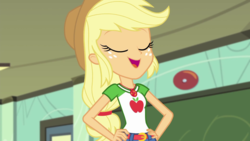 Size: 1280x720 | Tagged: safe, screencap, applejack, equestria girls, g4, happily ever after party, happily ever after party: applejack, my little pony equestria girls: better together, belt, clothes, collar, cowboy hat, denim, denim skirt, eyes closed, female, geode of super strength, hand on hip, hat, shirt, skirt, smiling, smug, solo, t-shirt, teenager