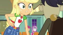 Size: 1280x720 | Tagged: safe, screencap, applejack, cranky doodle donkey, scootaloo, sweetie belle, equestria girls, g4, happily ever after party, happily ever after party: applejack, my little pony equestria girls: better together, applejack's hat, clothes, cowboy hat, denim skirt, geode of super strength, hand on hip, hat, magical geodes, skirt, stetson