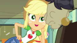 Size: 1280x720 | Tagged: safe, screencap, applejack, cranky doodle donkey, sweetie belle, equestria girls, equestria girls series, g4, happily ever after party, applejack's hat, clothes, cowboy hat, denim skirt, female, geode of super strength, hand on hip, happily ever after party: applejack, hat, magical geodes, male, offscreen character, seductive pose, skirt, stetson