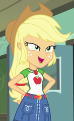 Size: 414x677 | Tagged: safe, screencap, applejack, equestria girls, g4, happily ever after party, happily ever after party: applejack, my little pony equestria girls: better together, applejack's hat, clothes, collar, cowboy hat, cropped, denim skirt, female, geode of super strength, hand on hip, hat, lidded eyes, magical geodes, shirt, skirt, solo, stetson, t-shirt, teenager