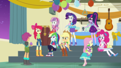 Size: 1280x720 | Tagged: safe, screencap, apple bloom, applejack, fluttershy, pinkie pie, rainbow dash, rarity, sci-twi, scootaloo, spike, spike the regular dog, sweetie belle, twilight sparkle, dog, human, equestria girls, g4, happily ever after party, happily ever after party: applejack, my little pony equestria girls: better together, ass, butt, converse, cupcake, cutie mark crusaders, food, geode of sugar bombs, geode of super strength, geode of telekinesis, humane five, humane six, night, shoes, sneakers