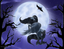 Size: 1020x793 | Tagged: safe, artist:bijutsuyoukai, oc, oc only, oc:noir moon, bat, pegasus, pony, female, mare, moon, night, solo, tree, unshorn fetlocks