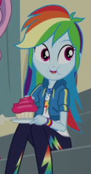 Size: 296x565 | Tagged: safe, screencap, rainbow dash, equestria girls, g4, happily ever after party, happily ever after party: applejack, my little pony equestria girls: better together, cropped, cupcake, cute, dashabetes, eating, female, food, geode of super speed, magical geodes, puffy cheeks, solo