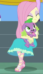 Size: 187x319 | Tagged: safe, fluttershy, spike, spike the regular dog, dog, equestria girls, g4, happily ever after party, happily ever after party: applejack, my little pony equestria girls: better together, clothes, cute, dress, eyes closed, eyeshadow, feet, female, makeup, male, paws, sandals, shyabetes, smiling