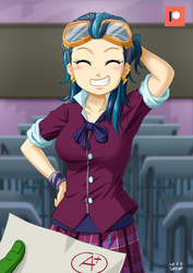 Size: 707x1000 | Tagged: safe, artist:uotapo, indigo zap, oc, oc:anon, equestria girls, g4, my little pony equestria girls: friendship games, blushing, classroom, clothes, crystal prep academy uniform, cute, desk, ear piercing, earring, eyes closed, female, finger, goggles, hand on hip, jewelry, patreon, patreon logo, piercing, school uniform, skirt, smiling, zapabetes