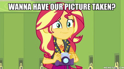 Size: 600x337 | Tagged: safe, edit, edited screencap, screencap, sunset shimmer, equestria girls, equestria girls specials, g4, my little pony equestria girls: better together, my little pony equestria girls: forgotten friendship, camera, female, geode of empathy, image macro, magical geodes, meme, memeful.com, solo