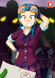 Size: 707x1000 | Tagged: safe, artist:uotapo, indigo zap, lemon zest, sour sweet, sugarcoat, sunny flare, oc, oc:anon, equestria girls, g4, angry, clothes, crystal prep academy uniform, enclave, fallout, female, finger, goggles, oh crap, pipboy, school uniform, shadow five, this might end in pain, this will not end well