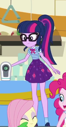 Size: 213x405 | Tagged: safe, screencap, fluttershy, pinkie pie, sci-twi, twilight sparkle, equestria girls, g4, happily ever after party, my little pony equestria girls: better together, clothes, cropped, female, geode of telekinesis, glasses, implied spike, ponytail, shoes, skirt, smiling, socks