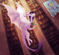 Size: 2900x2705 | Tagged: safe, artist:elzafox, twilight sparkle, dragon, pony, g4, book, chromatic aberration, cover art, dragoness, dragonified, fanfic, fanfic art, fanfic cover, female, flag of equestria, flying, high res, library, solo, species swap, twilidragon