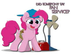 Size: 2560x1980 | Tagged: safe, artist:ljdamz1119, pinkie pie, earth pony, pony, g4, air conditioner, cute, diapinkes, fan, fanservice, female, hat, machine, pinkie being pinkie, pun, simple background, solo, toolbelt, toolbox, transparent background, visual pun