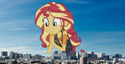 Size: 1374x709 | Tagged: source needed, safe, artist:kyleakersxd, sunset shimmer, equestria girls, g4, my little pony equestria girls: better together, city, female, geode of empathy, giantess, macro, smiling