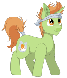 Size: 1700x1978 | Tagged: safe, artist:fuzzyberryclaws1, oc, oc only, oc:fox trotter, pony, unicorn, cutie mark, digital art, ear fluff, headband, looking up, male, simple background, smiling, solo, stallion, standing, tail wrap, transparent background