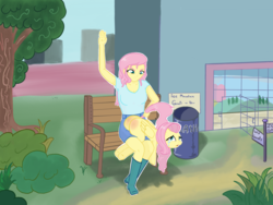 Size: 2224x1668 | Tagged: safe, artist:rusticanon, derpibooru exclusive, fluttershy, human, pegasus, pony, g4, abuse, anatomically incorrect, bench, butt, crying, discipline, female, flutterbuse, human ponidox, humanized, incorrect leg anatomy, outline, over the knee, plot, pony coloring, punishment, reddened butt, self ponidox, spanked, spanking, trash can, tree, white outline, zoo
