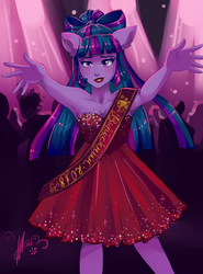 Size: 2000x2700 | Tagged: safe, artist:xjenn9, twilight sparkle, human, g4, alternate hairstyle, armpits, clothes, cyrillic, dress, female, high res, humanized, lipstick, looking at you, pony coloring, pony ears, russian, solo, twilight sparkle (alicorn)