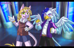 Size: 6600x4300 | Tagged: safe, artist:jazzerix, oc, oc only, oc:daydream, unnamed oc, griffon, unicorn, anthro, absurd resolution, clothes, fingerless gloves, gloves, griffon oc, open mouth, shorts