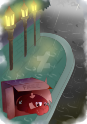 Size: 1024x1453 | Tagged: safe, artist:kumikoponylk, oc, oc only, oc:downvote, earth pony, pony, derpibooru, abandoned, box, cardboard box, commission, crying, derpibooru ponified, downvotes are upvotes, female, frown, homeless, lamppost, looking down, mare, meta, night, obtrusive watermark, ponified, prone, rain, sad, solo, street, street lights, teary eyes, watermark, wet