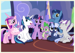 Size: 7000x5000 | Tagged: safe, artist:mundschenk85, night light, princess cadance, princess flurry heart, shining armor, spike, twilight sparkle, twilight velvet, oc, oc:silverlay, alicorn, original species, pony, umbra pony, unicorn, g4, ^^, absurd resolution, daughter, eyes closed, family, father, father and daughter, father and mother, father and son, female, group photo, like father like daughter, like father like son, like mother like daughter, like mother like son, like parent like child, male, mare, mother, mother and daughter, mother and father, mother and son, ponyloaf, prone, show accurate, son, sparkle family, spike's family, spike's parents, twilight sparkle (alicorn), twilight's family, twilight's parents, twin sisters, vector