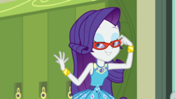 Size: 1280x720 | Tagged: safe, screencap, rarity, equestria girls, equestria girls series, g4, happily ever after party, bedroom eyes, belt, bracelet, clothes, cutie mark on clothes, female, fingers, frilly design, geode of shielding, glasses, grin, hairpin, happily ever after party: rarity, jewelry, magical geodes, pendant, rarity's glasses, sleeveless, smiling, solo, tank top, teeth