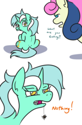 Size: 660x1014 | Tagged: safe, artist:jargon scott, bon bon, lyra heartstrings, sweetie drops, earth pony, pony, spider, unicorn, g4, back, bon bon is not amused, both cutie marks, comic, dialogue, eww, female, fetish, gross, horn, looking back, mare, open mouth, pica, ponies eating bugs, secret, simple background, spider web, unamused, white background