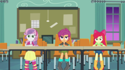 Size: 1280x720 | Tagged: safe, screencap, apple bloom, scootaloo, sweetie belle, equestria girls, g4, happily ever after party, happily ever after party: rarity, my little pony equestria girls: better together, animation error, boots, classroom, clothes, cutie mark crusaders, female, jeans, night, pants, shoes, skirt, trio, trio female